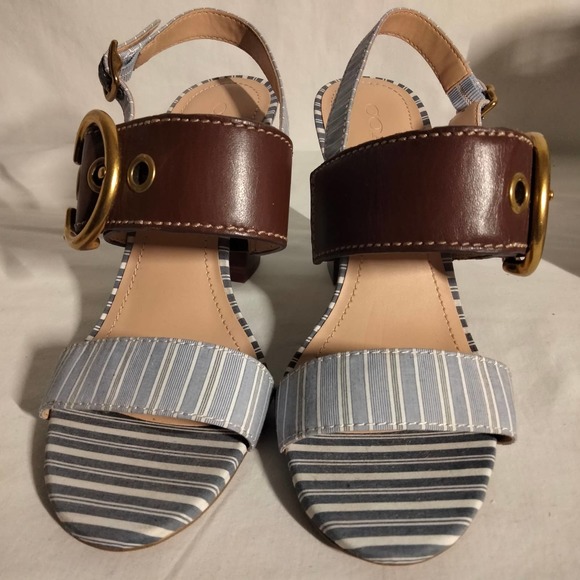 Coach Blue & White Striped & Brown Leather Sandal Shoes 7B - Picture 1 of 10
